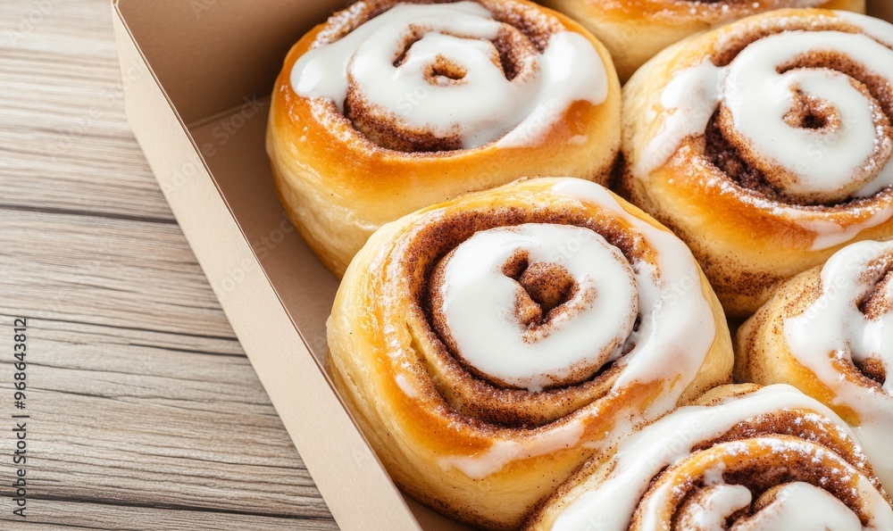 Freshly Baked Cinnamon Rolls With Icing in a Box Ready for Serving at a Local Bakery Freshly Baked Cinnamon Rolls With Icing in a Box Ready for Serving at a Local Bakery
