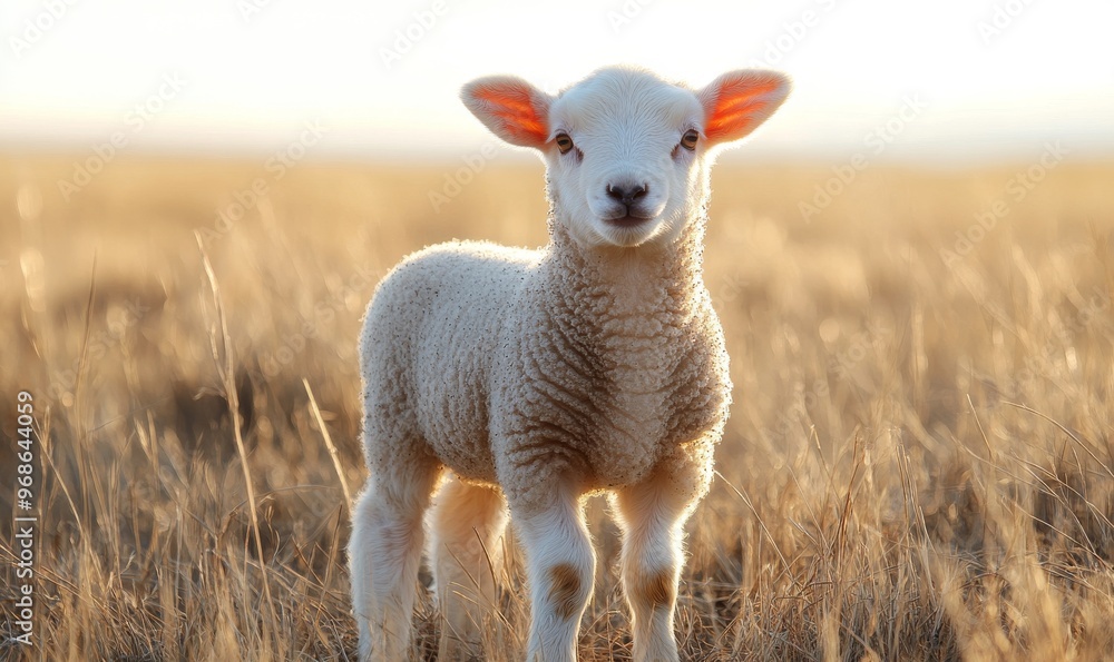 A Curious Lamb Stands in a Sunlit Field of Golden Grass on a Bright Afternoon in Spring A Curious Lamb Stands in a Sunlit Field of Golden Grass on a Bright Afternoon in Spring