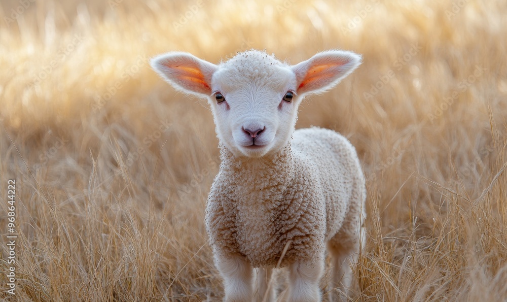 A Young Lamb Stands in a Golden Field, Enjoying the Warmth of the Afternoon Sun During Springtime A Young Lamb Stands in a Golden Field, Enjoying the Warmth of the Afternoon Sun During Springtime