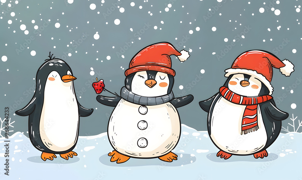 Obraz premium New Year and Christmas card, graphic advertising backgrounds in a doodle 2D illustrator style
