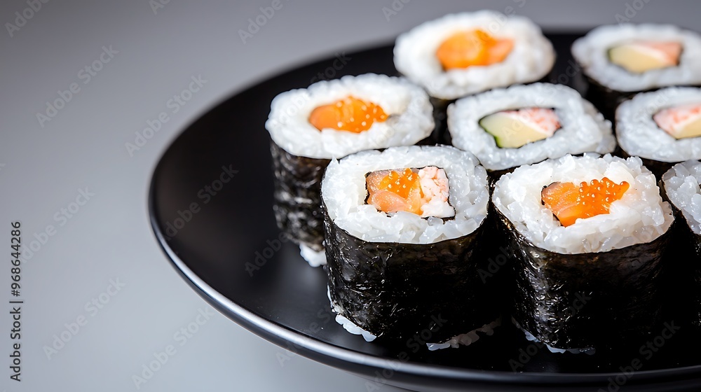 A professional shot of sushi rolls arranged neatly on a black plate, set against a solid background. The sushi is in ultra-clear focus with deep depth of field, providing space for text in the A professional shot of sushi rolls arranged neatly on a black plate, set against a solid background. The sushi is in ultra-clear focus with deep depth of field, providing space for text in the