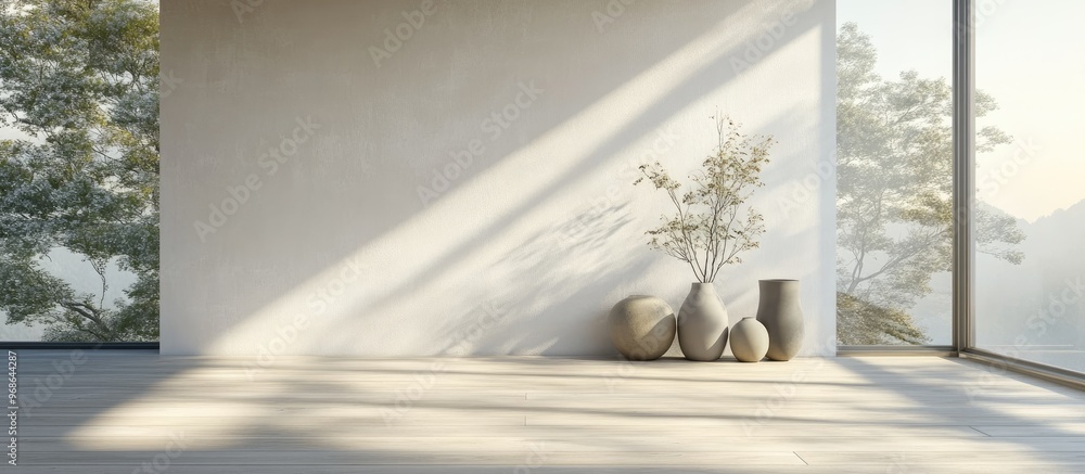 Concept of a minimalist Scandinavian interior featuring vases on a wooden floor expansive white walls and natural scenery visible through a large window 3D rendering Concept of a minimalist Scandinavian interior featuring vases on a wooden floor expansive white walls and natural scenery visible through a large window 3D rendering