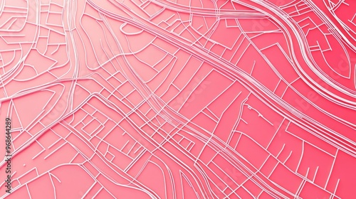 Map featuring street layouts created with white lines on a pinkish red gradient background Aerial perspective 3D render illustration photo