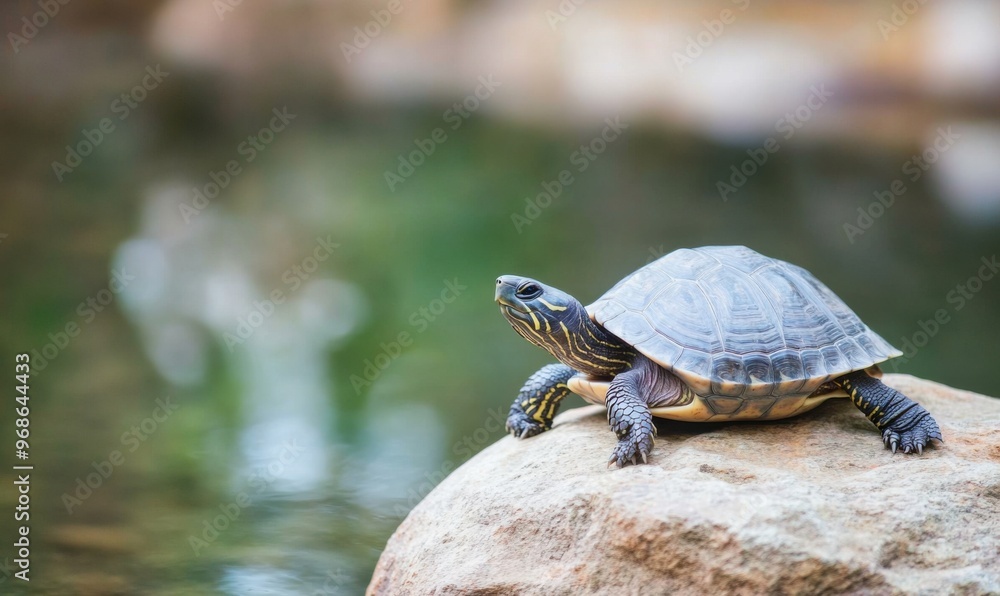 Fototapeta premium Close-up of a grey turtle resting on a rock in a peaceful pond , wildlife, shell, reptile, aquatic, animal, nature, tranquility