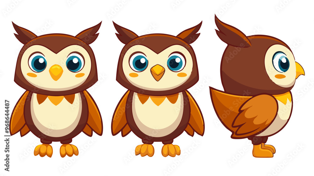 Fototapeta premium Cute cartoon owl character in multiple angles for kids' illustration and educational materials