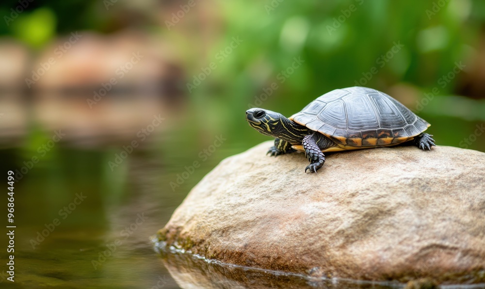 Fototapeta premium Close-up of a grey turtle resting on a rock in a peaceful pond , wildlife, shell, reptile, aquatic, animal, nature, tranquility