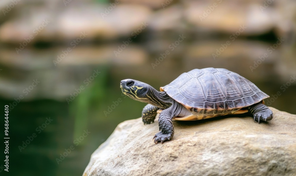 Close-up of a grey turtle resting on a rock in a peaceful pond , wildlife, shell, reptile, aquatic, animal, nature, tranquility 