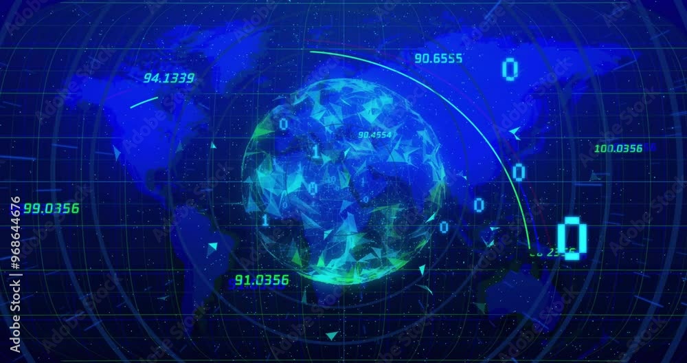 Animation of binary coding digital data processing over globe and world map Animation of binary coding digital data processing over globe and world map