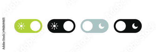 On Off toggle switch buttons. day night switch toggle - dark mode, light mode switch button - sun and moon icons