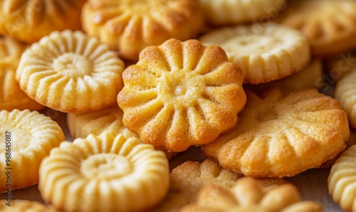 Intricate Butter Cookies Freshly Baked and Arranged on a Wooden Surface for Serving