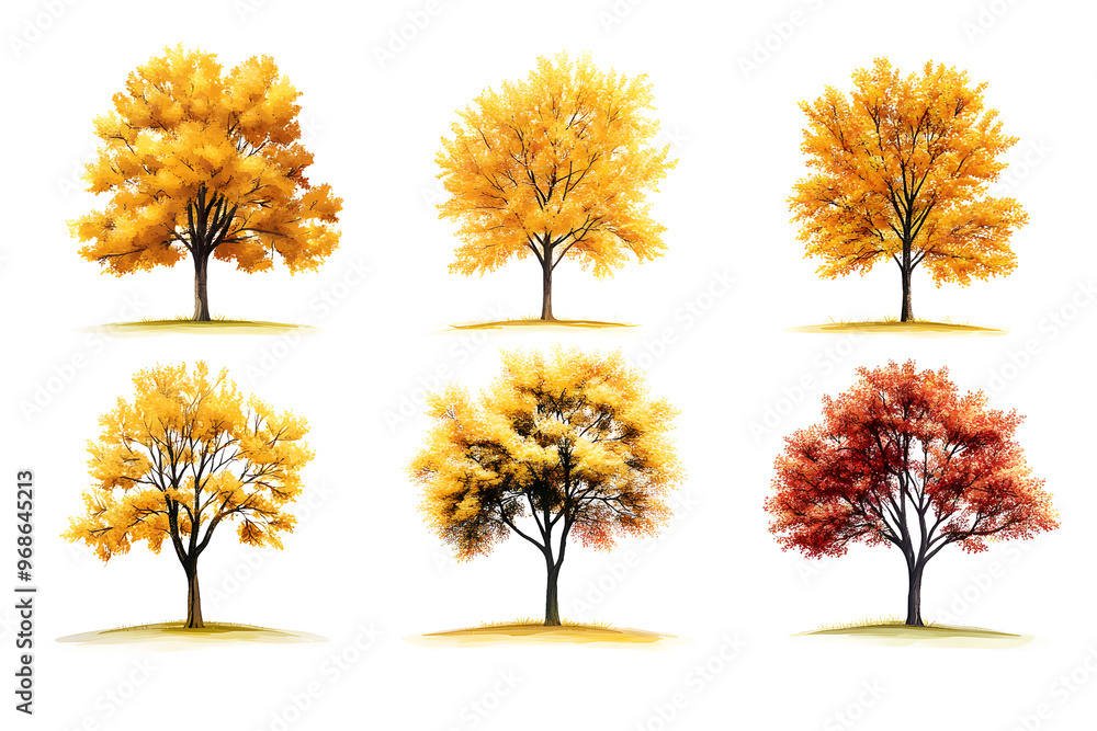 Fototapeta premium Yellow trees set isolated on white background