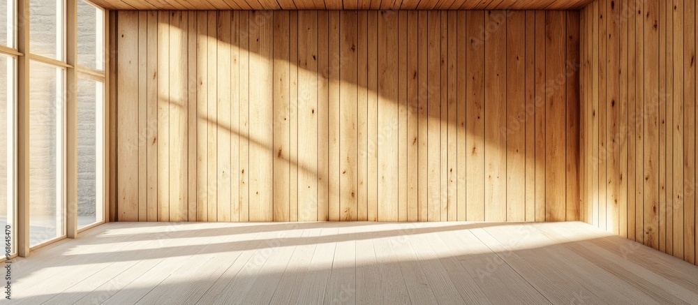 Empty interior featuring wooden walls in a Nordic style 3D illustration showcasing a minimalist design Empty interior featuring wooden walls in a Nordic style 3D illustration showcasing a minimalist design