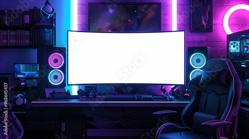 A blank screen mockup on a dual monitor setup in a gaming room with neon lights and a gaming chair
