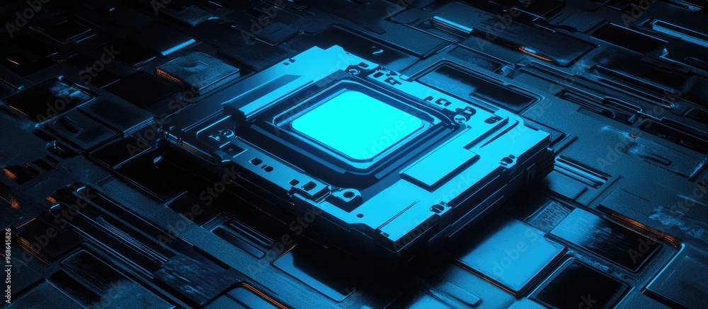 Fototapeta premium 3D rendering of glowing blue mechanical components shaped like a floppy disk set against a black background with reflective floor details
