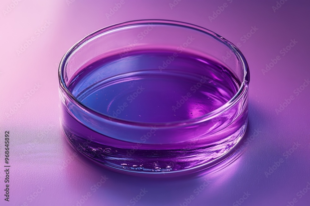 A Glass Petri Dish Filled With Vibrant Purple Liquid Against a Gradient Background A Glass Petri Dish Filled With Vibrant Purple Liquid Against a Gradient Background