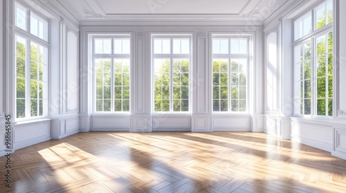 Bright spacious room featuring a white ceiling and cornice glossy herringbone parquet flooring three large windows and a white plinth Beautiful sunny interior 3D illustration 8K Ultra HD