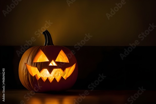 A realistic image of a menacing pumpkin jack-o'-lantern glowing from within, set against a dark background, perfect for Halloween. photo