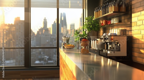 Contemporary coffee shop interior with espresso machine, bright morning light, and urban cityscape through large windows. photo