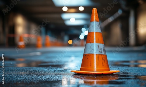 Orange Traffic Cone in a Dimly Lit Underground Parking Area During a Rainy Night