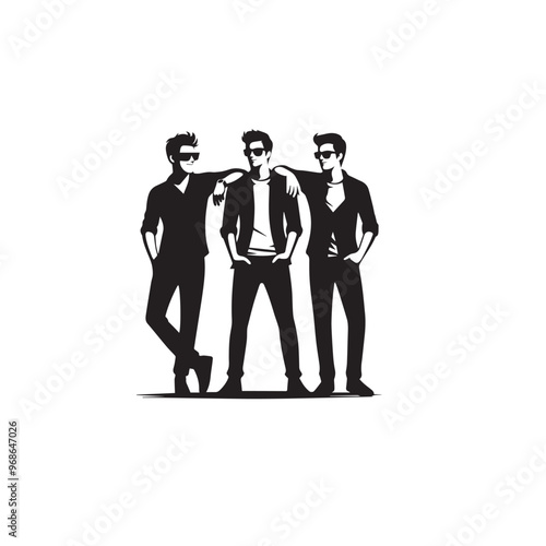 Friends enjoying silhouette. Friends group vector illustration black and white.