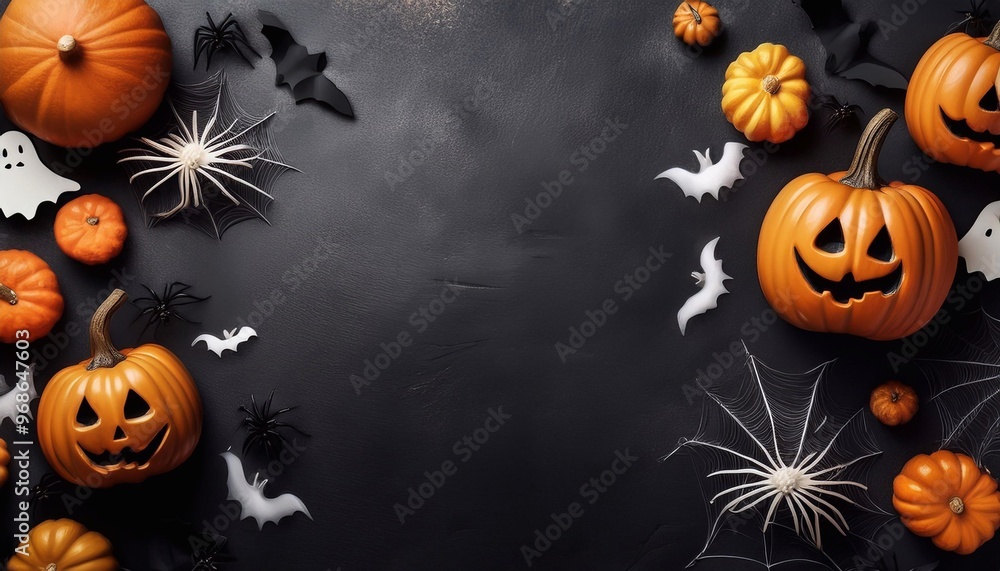 Halloween elements in the form of pumpkins, bats, ghosts, spiders on a light textured background with space for text Halloween elements in the form of pumpkins, bats, ghosts, spiders on a light textured background with space for text