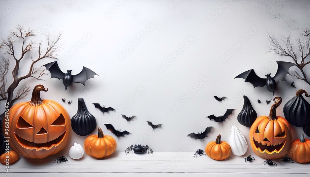 Halloween elements in the form of pumpkins, bats, ghosts, spiders on a light textured background with space for text Halloween elements in the form of pumpkins, bats, ghosts, spiders on a light textured background with space for text