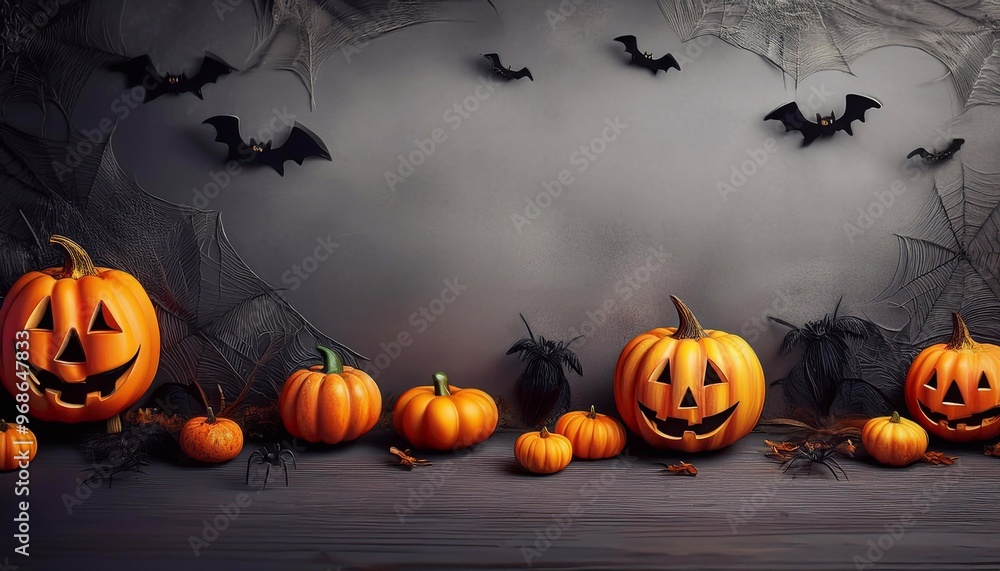 Halloween elements in the form of pumpkins, bats, ghosts, spiders on a light textured background with space for text Halloween elements in the form of pumpkins, bats, ghosts, spiders on a light textured background with space for text
