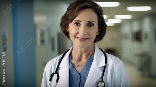 Portrait of a female doctor in a white coat standing in a hospital, looking at the camera and smiling. 