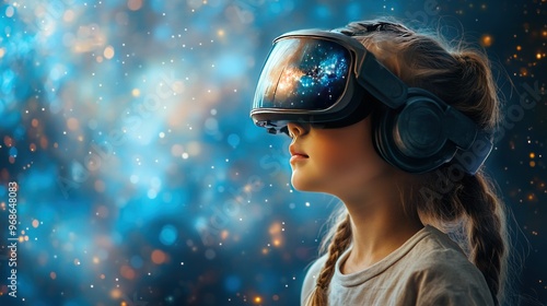 A young girl wearing a VR headset, immersed in a virtual world with a starry sky projected in the visor.