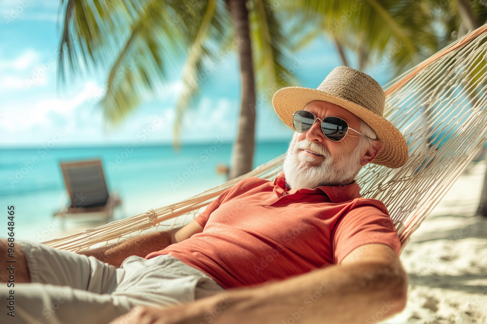 man in a straw hat and sunglasses is relaxing on a beach chair. The man is smiling and enjoying the sun and the ocean view man in a straw hat and sunglasses is relaxing on a beach chair. The man is smiling and enjoying the sun and the ocean view