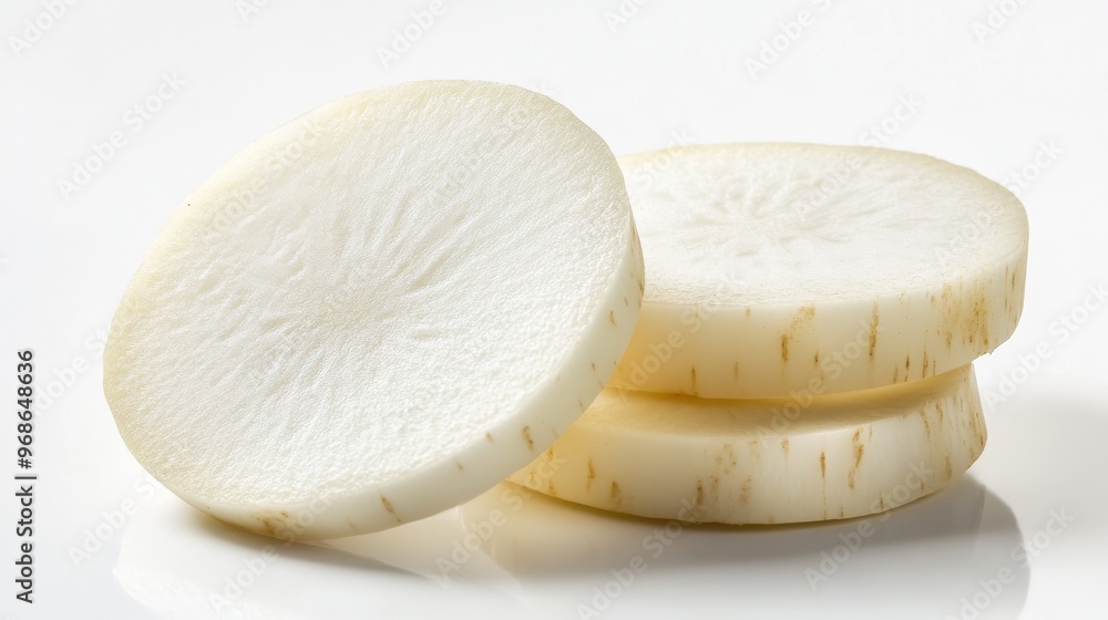 Freshly Cut Slices of White Radish on a Clean, White Countertop in Natural Light Freshly Cut Slices of White Radish on a Clean, White Countertop in Natural Light