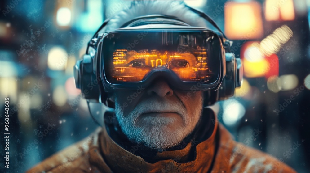 A man with a white beard wearing a VR headset and headphones stands in front of a blurred city background. A man with a white beard wearing a VR headset and headphones stands in front of a blurred city background.