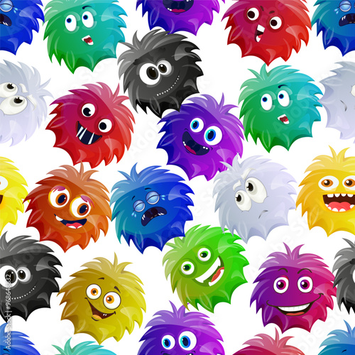 Set of fun monster germs, furry character, showing different emotions, emoticons, flat cartoon style. Seamless pattern.