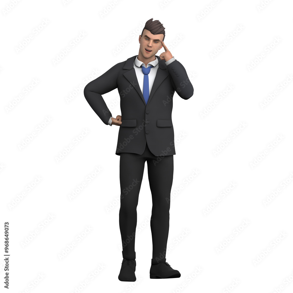 Professional Male Lawyer in 3D. A male lawyer stands with his hand on his hip while the other hand points to his head, as if he has a brilliant idea. Courtroom Character Professional Male Lawyer in 3D. A male lawyer stands with his hand on his hip while the other hand points to his head, as if he has a brilliant idea. Courtroom Character