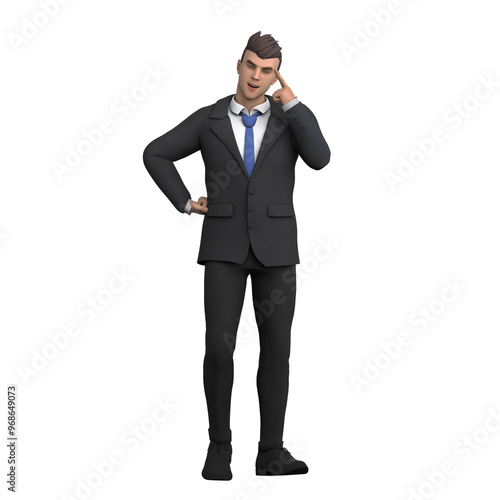 Professional Male Lawyer in 3D. A male lawyer stands with his hand on his hip while the other hand points to his head, as if he has a brilliant idea. Courtroom Character