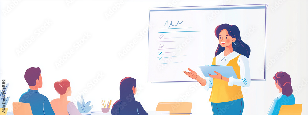 Fototapeta premium Asian female teacher presenting an educational graph to a diverse group of students in a bright classroom setting.