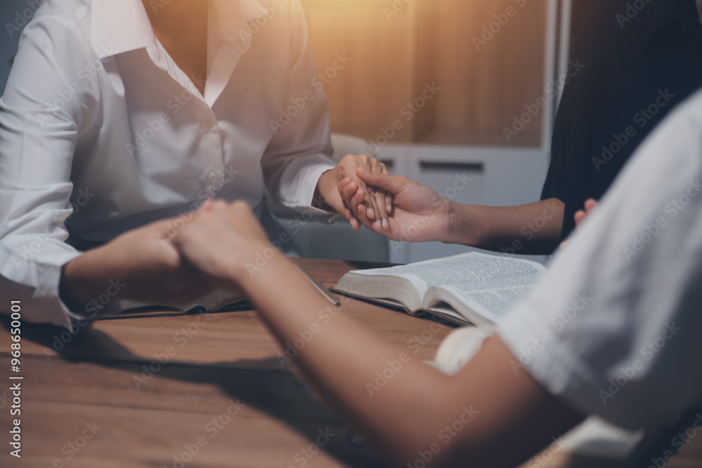 Christian group are praying to god with the bible and sharing the gospel. Concept of faith for god. Christian group are praying to god with the bible and sharing the gospel. Concept of faith for god.