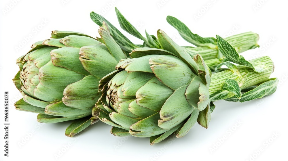 Fresh Green Artichokes Displayed on a Clean, White Background Showcasing Their Unique Texture Fresh Green Artichokes Displayed on a Clean, White Background Showcasing Their Unique Texture