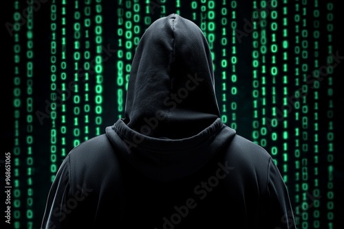 Hooded silhouette against a wall of binary digits, dark cyber landscape, hacker in the shadows