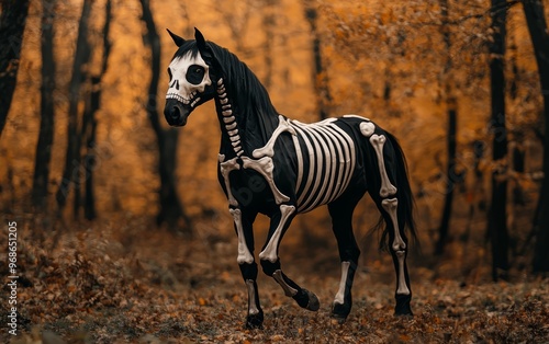 Horse dressed as a skeleton trotting through a spooky forest, Halloween horse, eerie equine costume photo