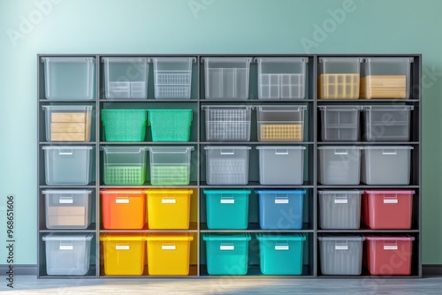 Modern storage solution with brightly colored bins organized on shelving against a light green wall