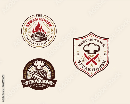 set vintage grill meat steak shop logo template for business company