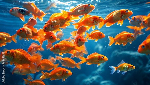 Enchanting underwater scene with a school of orange fish creating a giant fish outline, encountering a solitary goldfish in clear blue water and bright light