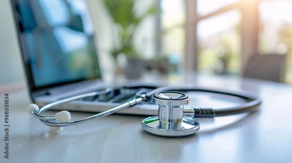 Stethoscope on a desk with a laptop in the background. Stethoscope on a desk with a laptop in the background.