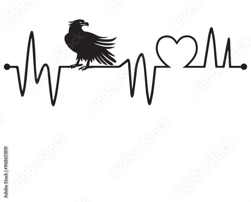 Heartbeat line with Eagle silhouette, Eagle and Heartbeat frequency with Heart Love Vector illustration
