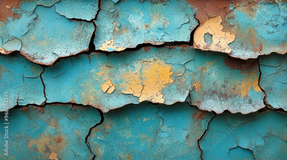 Close-Up of Cracked and Peeling Paint Surface with Vibrant Blue and Yellow Hues, Textured Background for Artistic and Creative Projects Close-Up of Cracked and Peeling Paint Surface with Vibrant Blue and Yellow Hues, Textured Background for Artistic and Creative Projects
