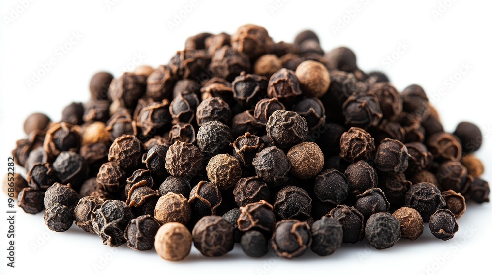 Pile of Various Peppercorns on a White Background Showcasing Their Distinct Colors and Textures Pile of Various Peppercorns on a White Background Showcasing Their Distinct Colors and Textures