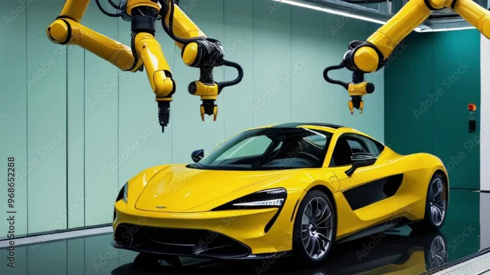A striking yellow sports car showcased in a modern manufacturing setting, surrounded by robotic arms for precision engineering and assembly created with generative ai A striking yellow sports car showcased in a modern manufacturing setting, surrounded by robotic arms for precision engineering and assembly created with generative ai
