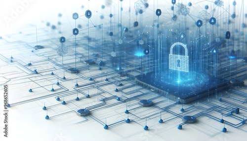 The image shows an abstract network of blue lines with data points and lock symbols. The background is white, representing a clean, isolated technology and data security concept. 3D Rendering