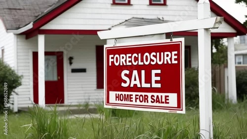 A prominent foreclosure sale sign in front of a quaint white house with red accents, reflecting the urgency of real estate opportunities in a suburban neighborhood created with generative ai